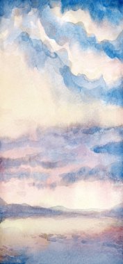 Hand drawn paint quiet calm beach shore fresh sun glare white light dawn heaven horizon view scene. Paper card text space retro sketch style design blue violet acryl color pond rain mount view picture