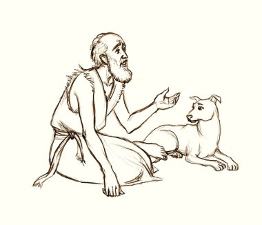 Asian Israel alone jewish Lazar prayer beg help alm. East torn dirt rag robe cloth sad pity mourn lost ill lone male jew hobo seat cry pray God Jesus Christ old retro hand drawn sketch faith story art