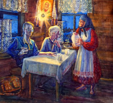 Poor ancient human love smile mom lady veil scarf shawl look meet talk hold pot jar meal food jug cup wooden hut seat light icon lamp dark dusk sky. hand draw son girl sit even night retro graphic art 