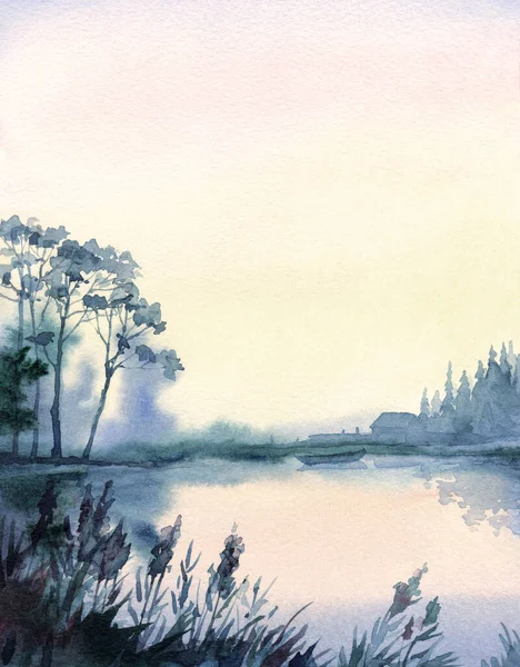 Lukisan Gambar Tangan Tenang Pedesaan Pondok Bukit Rumah Adegan Hujan — Stok Foto