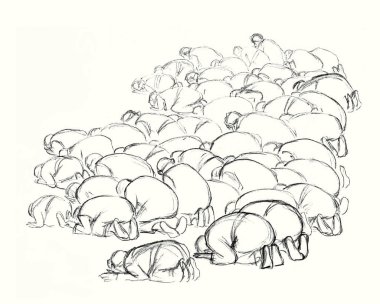 Kutsal BAE diz çökün Katar Arabistan erkek grubu kölesi Kral İsa 'ya yalvar beyaz toprak metin uzayı Kara çizgi el çizimi övgü dolu kız Kabe idolü eski İncil taslak sembolünü kutsa