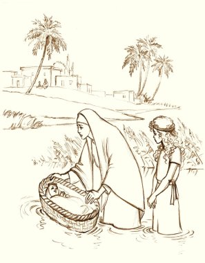 Retro church exodus small newborn cry israelit slave male human pray torah story view. Line hand drawn Nile lake sea beach coast reed grass bush birth king sleep morn girl sky cartoon art sketch scene