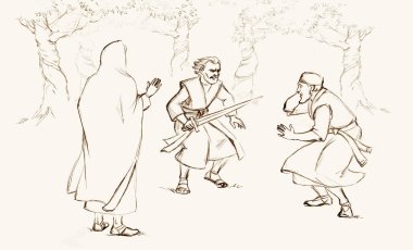 Aziz erkek, insan, yahudi, kral, mesih, imanlı, bahçe, çatışma sahnesini durdurun. El yapımı İsrail hizmetçisi ordusu eski Katolik Yahudiliği öldürdü. Sanat eskizi, hırsız, soyguncu, haydut, suistimal.