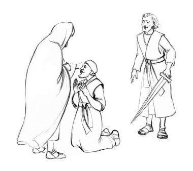 Aziz erkek, insan, İbrani, Mesih, Tanrı inancı gecesi beyaz sahneyi çek. El çizimi siyah yeni İsrail ordusu kalabalığı lise şefi geldi kan günahı ölüm ağlama ağacı eskizi eski bir katol tapınma sanatı