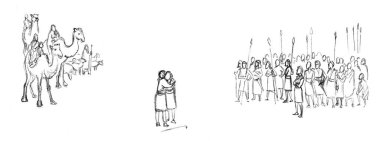 Geriye dönük erkek güçlü zırhlı zırhlı muhafız büyük kollu asker insan kalabalığı Canaan arazi sahnesi. Ortadoğu siyah eli çizilmiş yahudi Tanrı 'ya yalvaran çocuk kampı İslami Müslüman karikatür çizimi