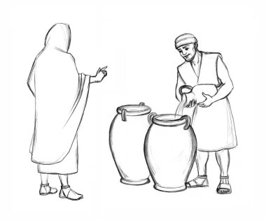 Holy lord stand teach pray male guy human work faith hold jar bowl cup old god supper story art sketch. Retro east dress cloth hand drawn rear back saint savior look smile steward rural Galilee scene