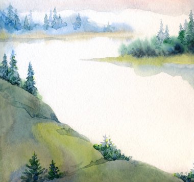 Açık kağıda elle çizilmiş suluboya resim. Yazı uzayı. Taze taiga tarlası çalılığı. Çalı bitkisi, kayalık arazi. Sessiz bulutlu sonbahar hayatı eski Alp Slope Park sanat eserleri sahnesi. Pond Creek Körfezi manzaralı