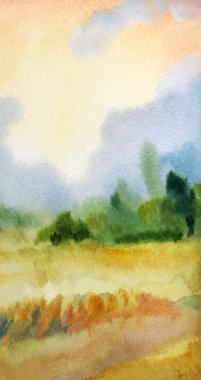 El çizimi açık renk resim karalaması sisli bahar yağmuru sahnesi sahne kağıdı metin arkaplanı. Sakin sonbahar dumanı olgunlaşmış tahıl, ekin manzarası çalı, köknar ağacı, soyut manzara.