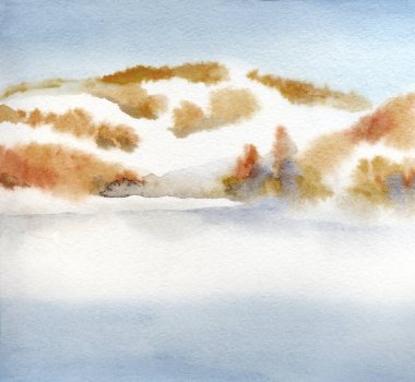 Parlak el, soyut suluboya, taze, güzel bir gün sahnesi kâğıt perde arkası metin alanı çizmiş. Açık kırmızı, sarı renkli boya. Çalılık vadisi kırsal alan buzlu yeni yıl buzlu dere kıyısı manzarası