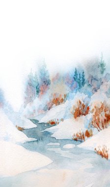 Açık renkli kâğıt arkaplan arkaplanı üzerine suluboya resim çizimi. Sakin mavi çalı çalısı kış günü sahnesi. Buzlu yeni yıl Deresi Deresi Körfezi manzarası