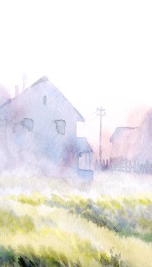 El çizimi suluboya ahır kulübesi açık kağıt metin arkaplanı. Sakin, nemli, sisli, kır ağacı manzaralı, dumanlı, parlak, mavi renkli, geçmişe dönük sanat eserleri.