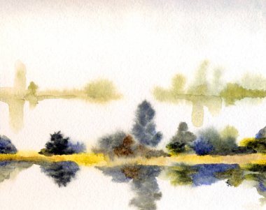 El çizimi suluboya resim çizimi kağıt metin alanı. Kırsal sakin çalı çalısı, çalı tarlası, dere yatağı, sel, yağmur manzarası. Serin bahar sisli sonbahar kumsal eski sanat eserleri sahnesi