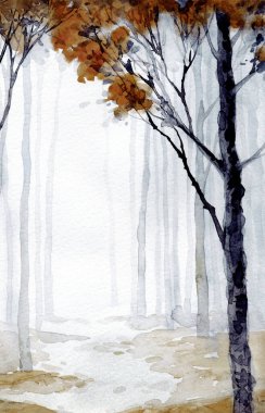 Elle çizilmiş ressam suluboya, sisli kağıt, metin arkaplanı. Siyah renk boya, buzlu kırmızı fırça tarzı sisli kırsal çalılık manzaralı. Sakin eski dal soluk avlu çizim sahne