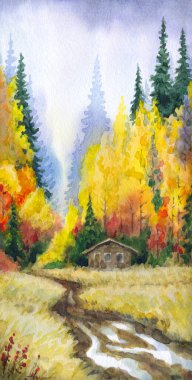 Kağıt desenli arkaplana elle çizilmiş suluboya resim. Taiga nemli sis günü manzaralı bulutlu manzara üzerine metin uzayı. Parlak kırmızı turuncu renk yabani çimen bitkisi kara akrilik Rusya manzarası