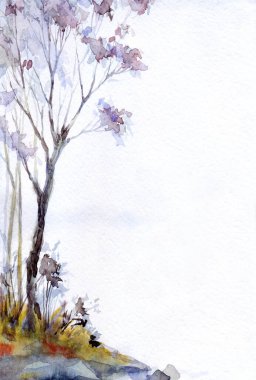 El çizimi resim çizimi, Creek Körfezi sisi, yağmur sahnesi, arka plan kâğıdı, metin alanı. Açık gri renk sisli bulutlu sakin eski kırsal tepe yolculuğu rahatla taş plajı, kuru çalı bitkisi sonbahar manzarası