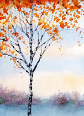 Renkli, canlı bir el, kağıttan arkaplan üzerine suluboya resimler çizmiş. Parlayan cennette mesaj alanı. Sakin, nazik kış şafağı pisti sahnesi. Buzlu ve sakin bozkırda genç huş ağacı tacı.