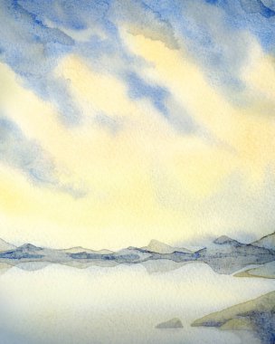 El yapımı gri suluboya boya sessiz bahar sisli gölet dağlık ufuk sahnesi kağıt arkaplan üzerinde metin için boşluk. El çizimi açık sarı renkli yağmurlu cennet berrak sakin derenin üzerinde çayır vadisinde