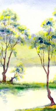 Parlak el çizimi suluboya ressamı temiz hava batımı sahnesi çiziyor. Kağıt arkaplan metin alanı. Açık yeşil renkli boya sanat eseri çalılık vadi çimenliği sakin bir günde dere kıyısı manzarası