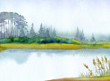 El çizimi açık renkli suluboya resim çizimi. Kağıt arkaplan arkaplan metni üzerine. Gri renk, sakin, kırsal çayır, sis dumanı, deniz manzarası. Çalılık bitkisi parkı. Haze White Creek Körfezi sahnesi