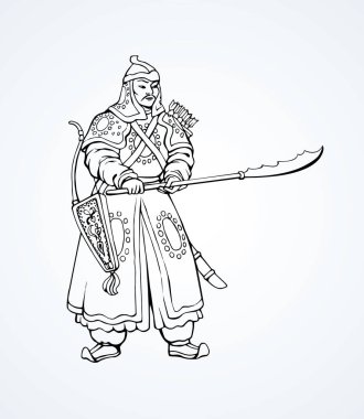 Etnik bez şapka üniforma, guan dao, yay ok beyaz kağıt arka plan izole ile Yaşlı güçlü erkek genel kahraman. Çizgi siyah mürekkep el çizilmiş kuvvetler sembolü simge işareti kroki sanat retro karikatür tarzı