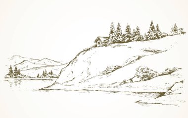 Yüksek nehir kıyısındaki kırsal uçurum çalı çayırı sahnesi. Alp Rıhtımı kamp köşkü beyaz gökyüzünde yazı için uzayda. Çizgi siyah mürekkep el çizilmiş kulübe resim sanat klasiği karalama stili kağıt üzerine kalem oyma