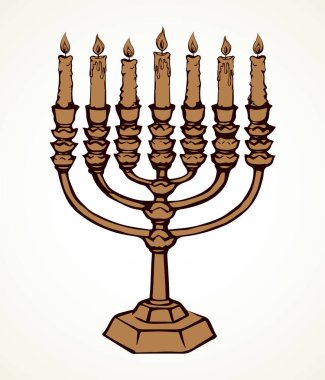 Vintage chanukiah miras altın Pyres hatıra. Retro sanat doodle grafik stili kalem beyaz kağıt arka plan üzerinde siyah mürekkep el çizilmiş resim logo kroki anahat. Portre görünümünde metin alanı olan