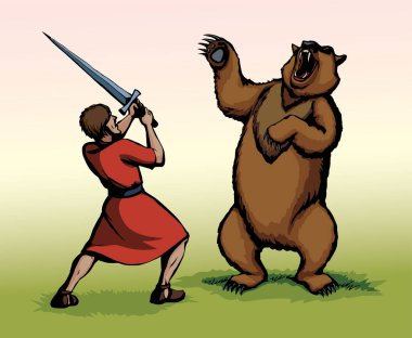 Vektör çizimi. Kızgın bir ayı adama saldırıyor.