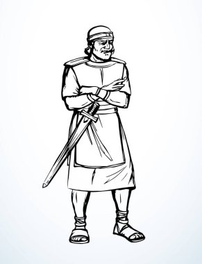 Geçmiş orta doğu üzgün Arap kraliyet kralı David tanrı kahraman zafer kazandı. Kara El beyaz Asyalı Yahudi çapraz savaş saldırısını düşünüyor. Kılıç savaşı, İran giysisi, İncil 'e ait eski hikaye sanatı.