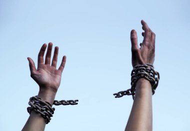 Close up jail law danger addict young sad guy ask god power joy help drug aid victory life. Closeup mental pain lady win sin limit old bind iron steel metal lock raise restrain will kidnap trap arrest