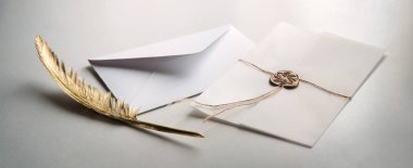 Close up top macro view classic age secret royal gift ink tool art style closed sign craft sent delivery Light gold beig wax string tie tag parcel pack table desk text space rustic artist effect decor