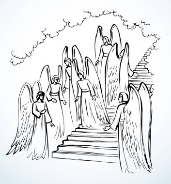 Vektör çizimi. Cennete giden merdivenlerdeki melekler