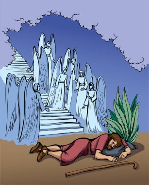 Vektör çizimi. Cennete giden merdivenlerdeki melekler