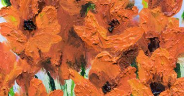 Kırsal retro malva sanat eseri manzarası. Canlı el çizimi akrilik boya yetişen bitkiler. Modern kanva kart tasarımı tarzı. Parlak turuncu renkli taze zambak tomurcuklanmış bitkisel tarla sahnesi