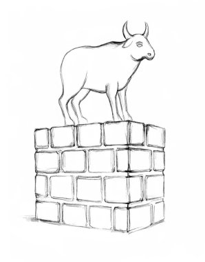 Orta Doğu 'daki büyük etnik Mısır altın çağında Yahudi günah beyaz kral ritüel boynuzu çiftliği erkek sığır ağası tapınağı simgesi. Çizgi siyah kalemle çizilmiş resim eskizi kutsal Musa hukuku hikayesi sanat stili