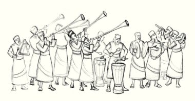 Geçmiş zaman kraliyet eğlence partisi erkek Yahudi rahip dua eder lir halk şarkısı çalar çıngırdar Doğu Yahudi üflemeli rüzgar düdüğü çalar bas gitar sesi İslamcı el çizer İncil 'deki sanat eserini çizer