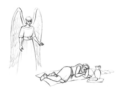 Geriye dönük yaşlılık Yahudi insan erkek yaşlılar, dinlenme yeri, ağaçlara susamış bitki çöl kumlarına susamış kara parçası. Doğu Arap kumaş el çizimi Lord Tanrı mucizesi kek kavanozu sürahisi içmeye yardım et Musa hikayesi eskizi 