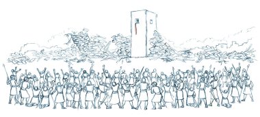 Retro past age Israeli century east nation male human Rahab scene. Black line hand drawn holy faith Jew Hebrew knight prayer Joshua shout trumpet break down pray god miracl sound stone ruin art sketch