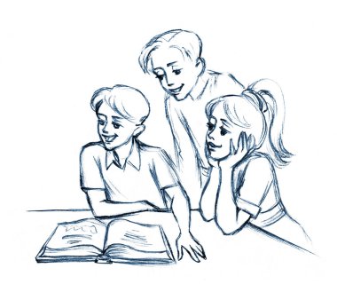 Cute happy joy smile guy baby son sit care rest relax room home. Black pencil line hand drawn man parent fun teen speak class table desk look open old retro faith tale story cartoon art wisdom symbol