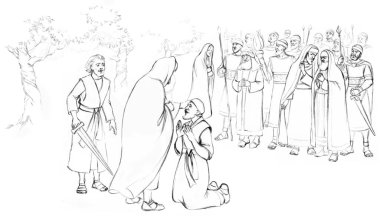 Aziz erkek, insan, İbrani, Mesih, Tanrı inancı gecesi beyaz sahneyi çek. El çizimi siyah yeni İsrail ordusu kalabalığı lise şefi geldi kan günahı ölüm ağlama ağacı eskizi eski bir katol tapınma sanatı