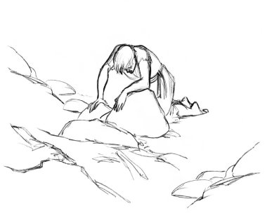 Genç, zavallı, hasta, sarhoş, bitkin, üzgün, erkek çocuk yalan söylüyor, Tanrı 'dan su yardımı iste. El çizimi sıcak, kuru, kaya tepesi diyarı. Yalnız, Arap bir kız çocuğu. Stresli, eski bir İncil sanat eskizi.