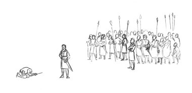 Retro yaşlı erkek güçlü zırhlı muhafız birliği insan kalabalığı Canaan arazi sahnesine düştü. Doğu siyah eli çizilmiş yahudi esir kampı. Hikayeyi İslam karikatürü çizimi kazandı.