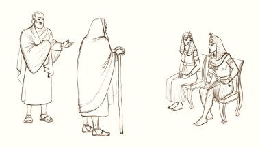 Lüks kumaşlı, baston çubuklu adam Tanrı 'dan izin iste Torah sahnesi siyah çizilmiş eski çağ asilzadesi kutsal Yahudi kıdemli rahip Doğu Arap çizgi film çizim tarzı inanç hikayesi teklif ediyor.