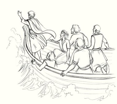 Antik Doğu Asya Arap erkek adam kol yasağı tehlikesiyle karşı karşıya ıslak Celile Kinneret nehri sahnesi. El çizimi koyu siyah kalem Yahudi eski çağ kutsal aziz eski Yahudi İncil hikayesi sanat tasviri beyaz gökyüzü