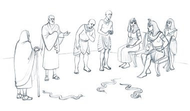 Luxury cloth guy cane rod stick ask lord order let go torah scene. Black line hand drawn retro age nobl holy male jew elder senior priest stand turn sign faith story east arab cartoon art sketch style