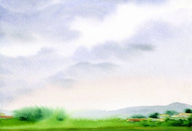 Hand drawn bright paint artwork sunny heaven scene sketch text space white paper backdrop. Light calm old europe travel hill land green grass lawn bush fir plant fall mist abstract artist scenic view