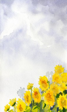 Hand drawn bright artwork paint hot villag bloom petal leaf fall season heaven scene sketch white paper text space card. Sun light blue color calm rustic ripe food grain green plant meadow scenic view