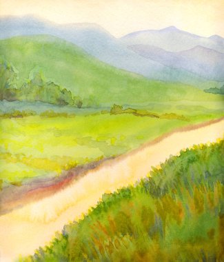 Bright hand drawn fresh haze mist fog mount cloud scene paper text space artwork sketch backdrop. Yellow color paint forest plant green wheat grass road path way calm weather sun day scenic brook view