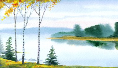 Hand drawn paint artwork quiet rain cloudy sketch white paper backdrop text space. Light blue color calm rural hill creek bay field wood shrub plant fall smoke haze marsh ocean sea shore scene view