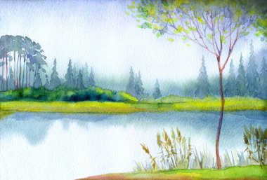 El çizimi açık renkli suluboya resim çizimi. Kağıt arkaplan arkaplan metni üzerine. Gri renk, sakin, kırsal çayır, sis dumanı, deniz manzarası. Çalılık bitkisi parkı. Haze White Creek Körfezi sahnesi