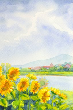 El çizimi parlak sanat eserleri sıcak köy şehrini boyarken cennet sahnesi beyaz kağıt metin alanı çiz. Açık mavi renk sakin paskalya çalı yiyecek bitki tepesi çayır göleti deniz manzarası